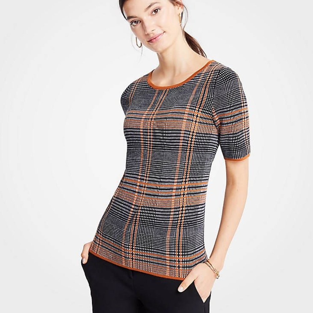 Ann Taylor Plaid Short Sleeve Sweater Black/Cognac